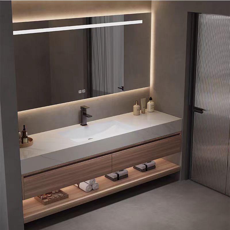 Royal Walnut Glow Floating Vanity & LED Mirror Cabinet Set