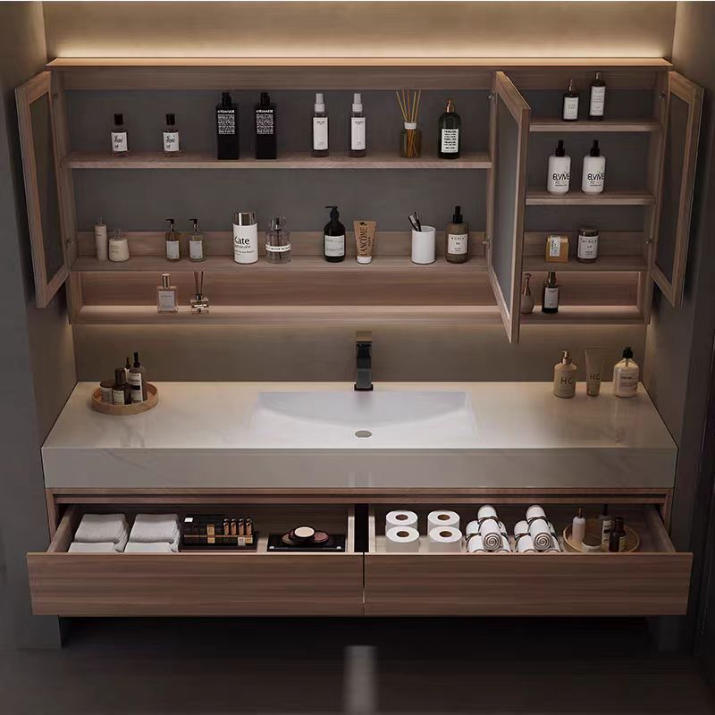 Royal Walnut Glow Floating Vanity & LED Mirror Cabinet Set