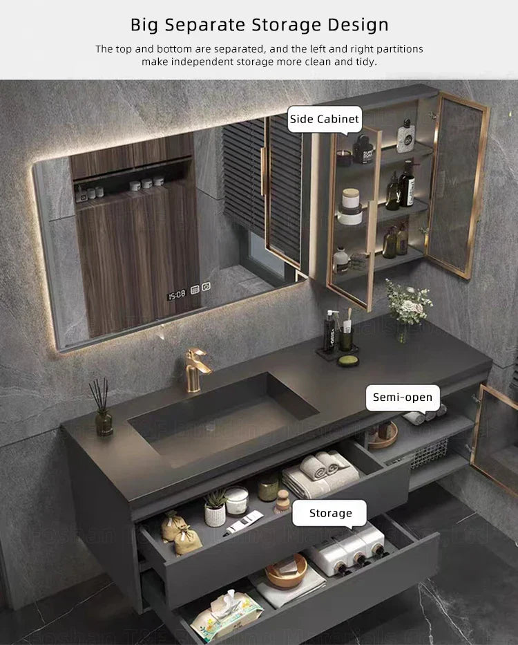 Nocturne Slate Smart Vanity Set with LED Mirror & Side Cabinet