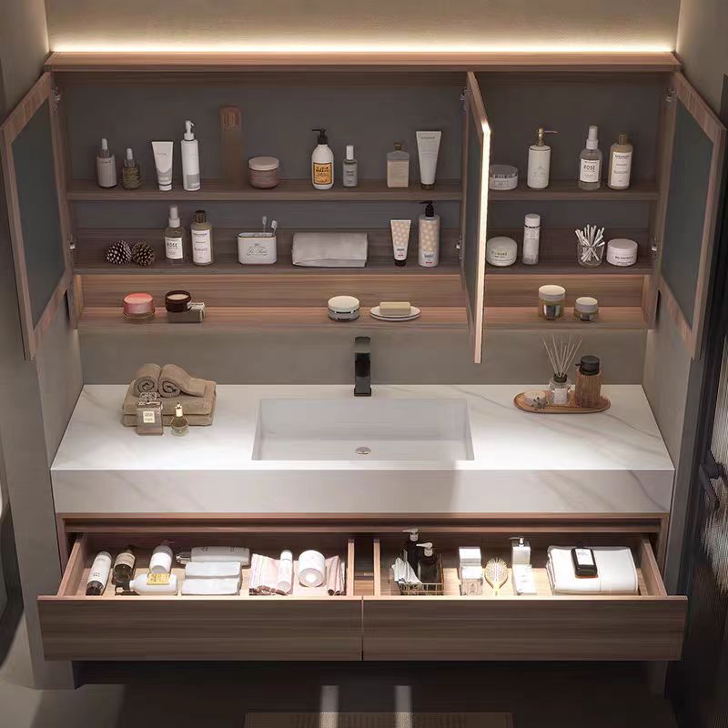 Royal Walnut Glow Floating Vanity & LED Mirror Cabinet Set