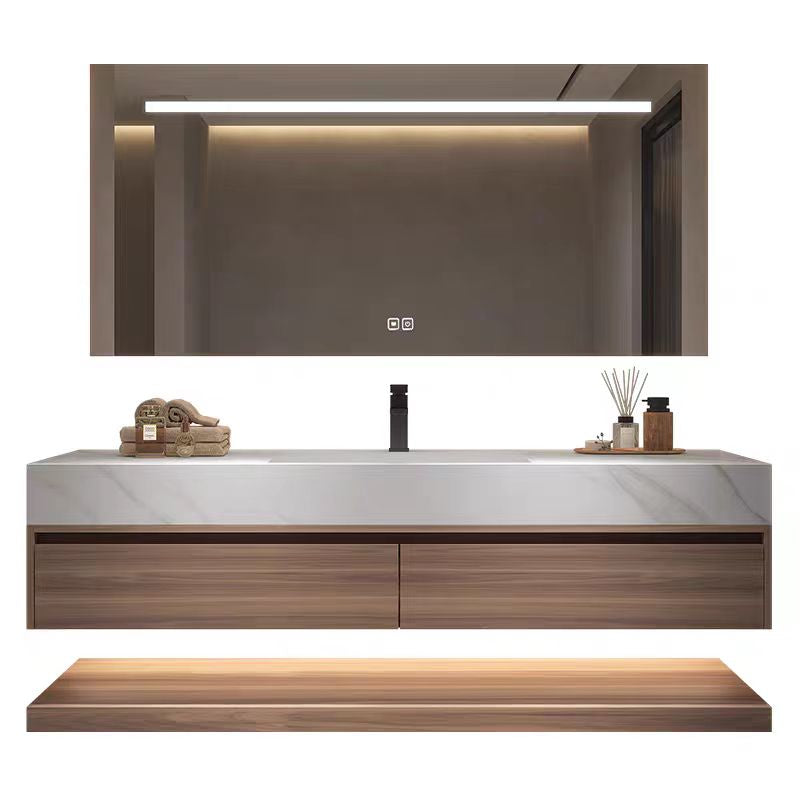 Royal Walnut Glow Floating Vanity & LED Mirror Cabinet Set