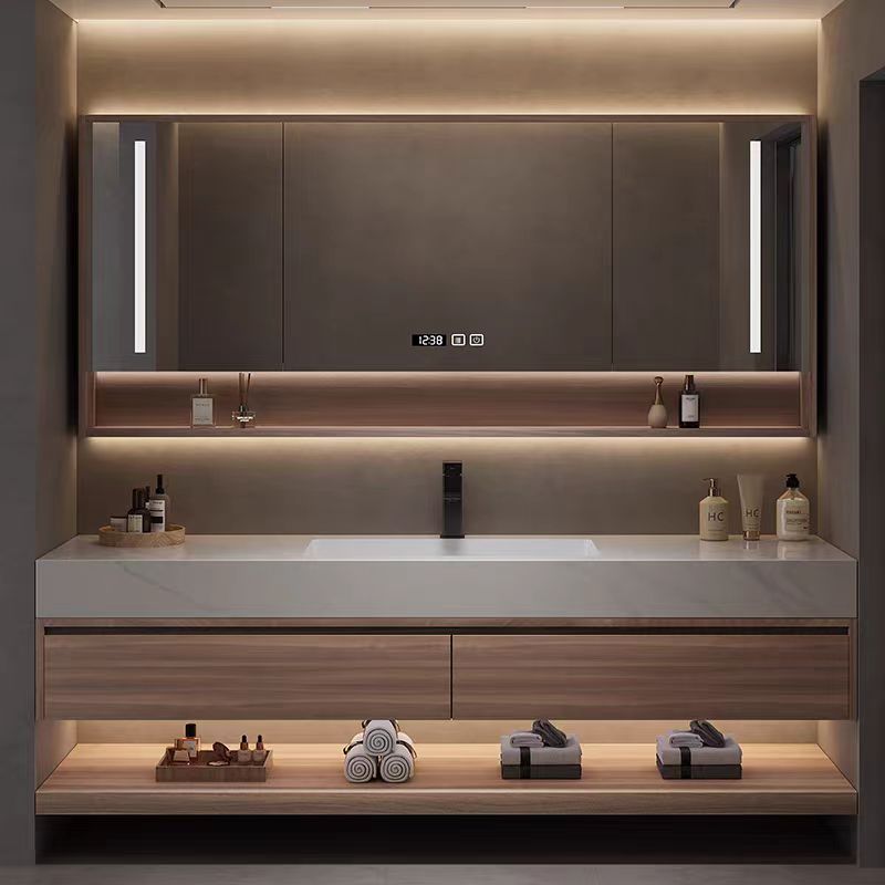 Royal Walnut Glow Floating Vanity & LED Mirror Cabinet Set