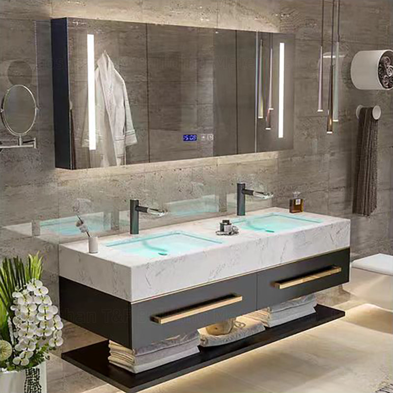 Modern Luxury Double Sink Bathroom Vanity with Smart LED Mirror & Sintered Stone Top – Wall-Mounted