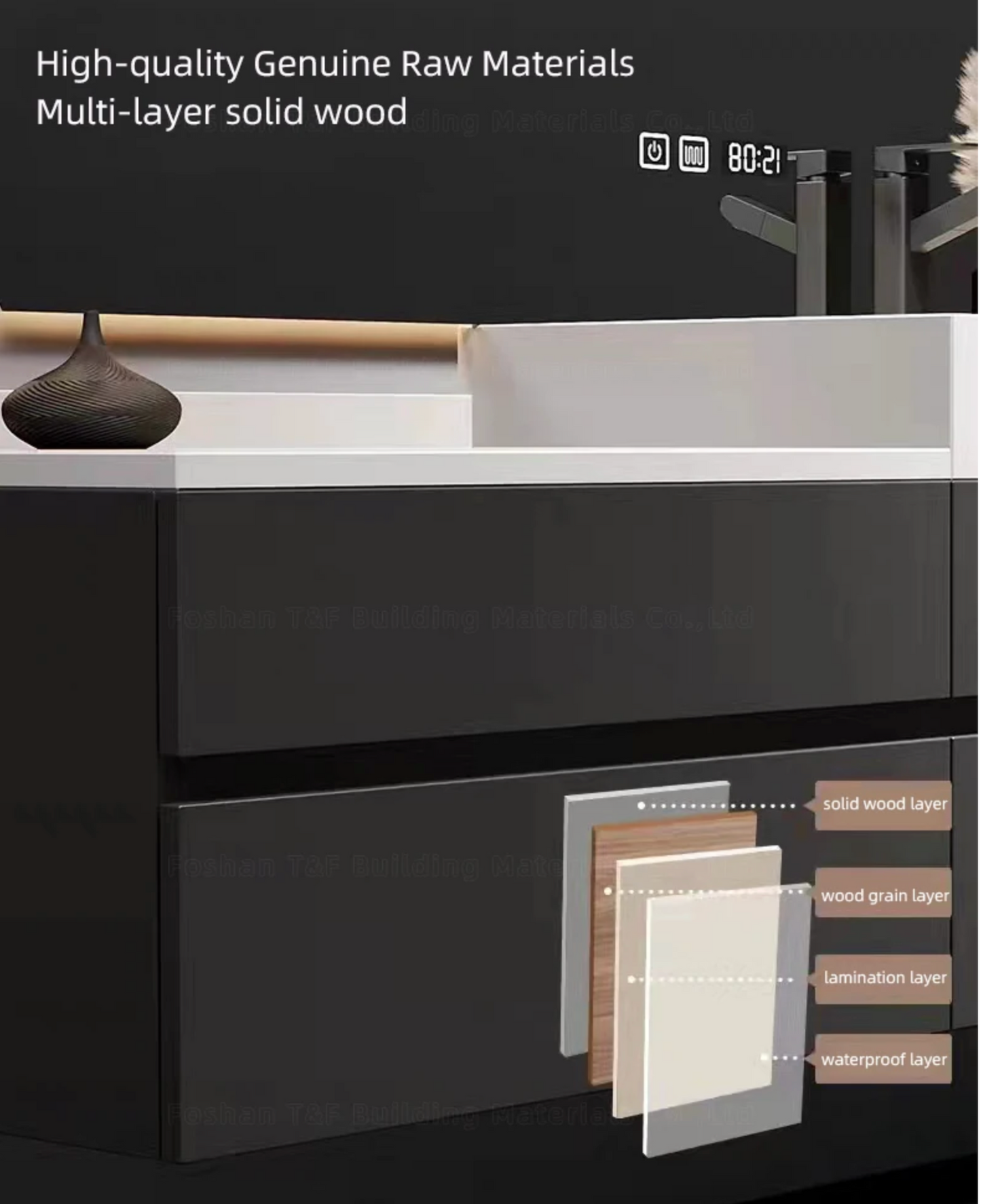 Nocturne Slate Smart Vanity Set with LED Mirror & Side Cabinet