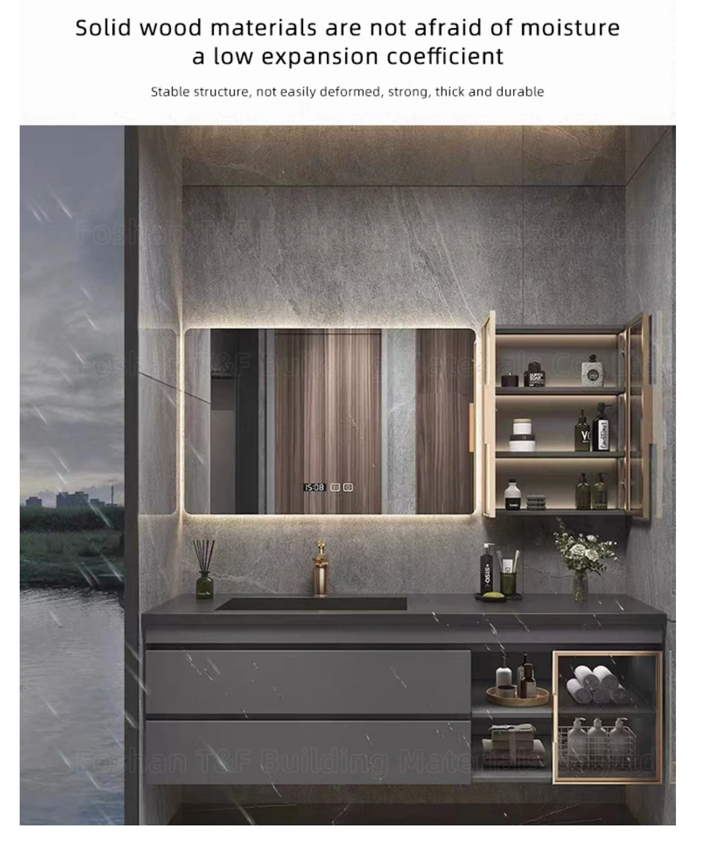 Nocturne Slate Smart Vanity Set with LED Mirror & Side Cabinet