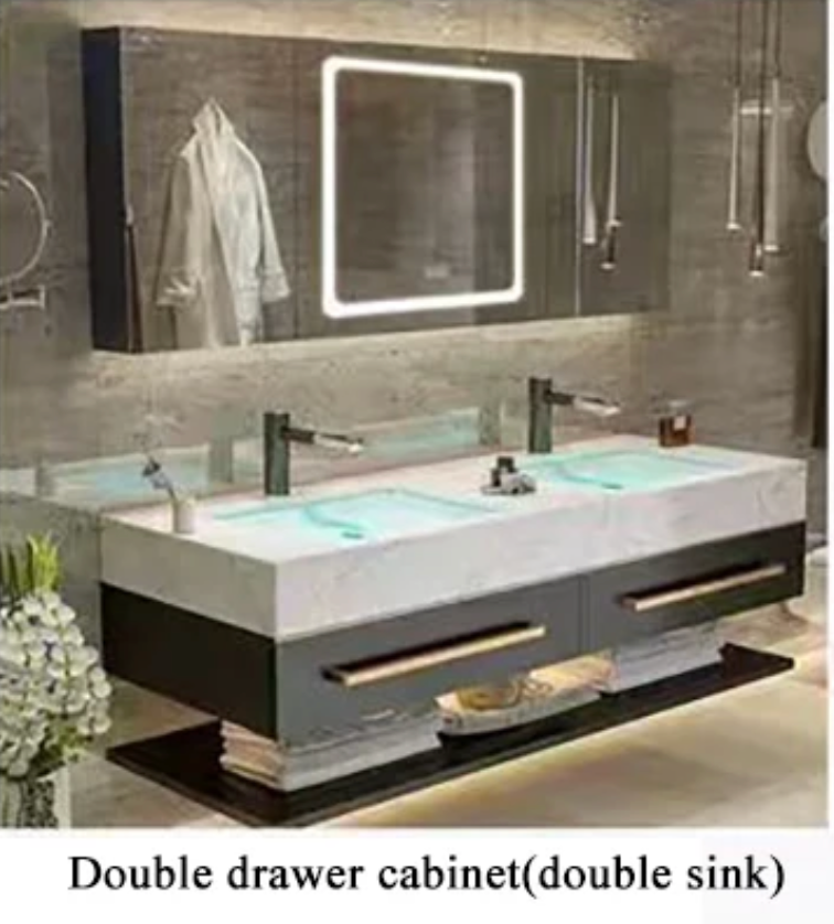 Modern Luxury Double Sink Bathroom Vanity with Smart LED Mirror & Sintered Stone Top – Wall-Mounted
