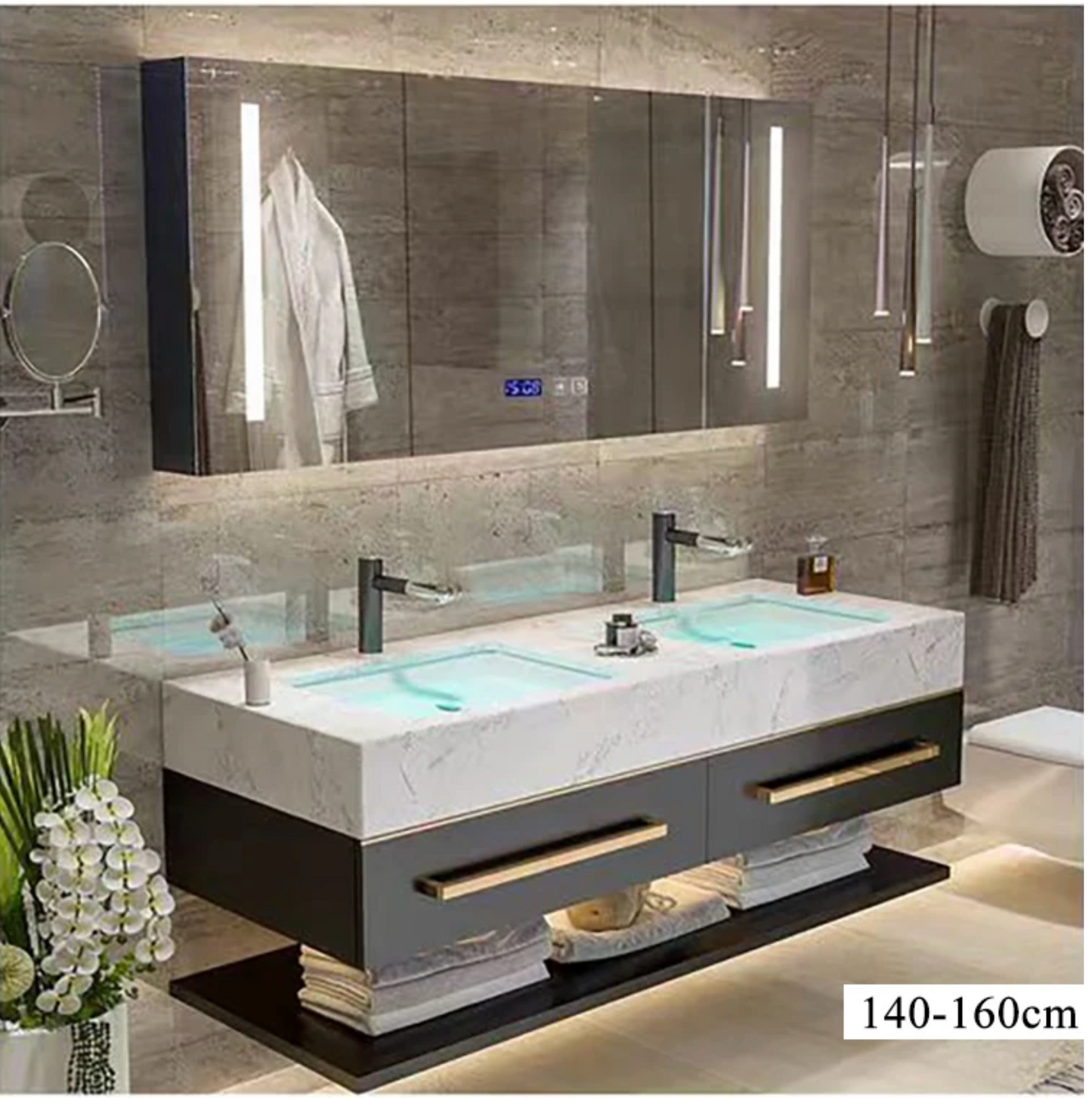 Modern Luxury Double Sink Bathroom Vanity with Smart LED Mirror & Sintered Stone Top – Wall-Mounted