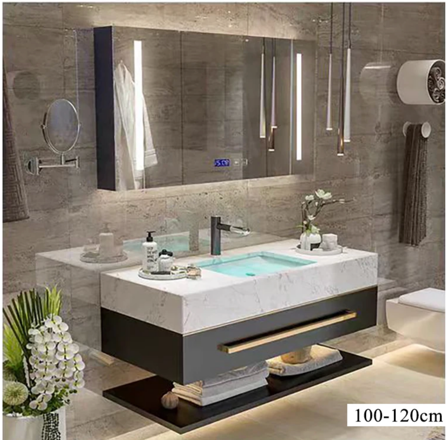 Modern Luxury Double Sink Bathroom Vanity with Smart LED Mirror & Sintered Stone Top – Wall-Mounted