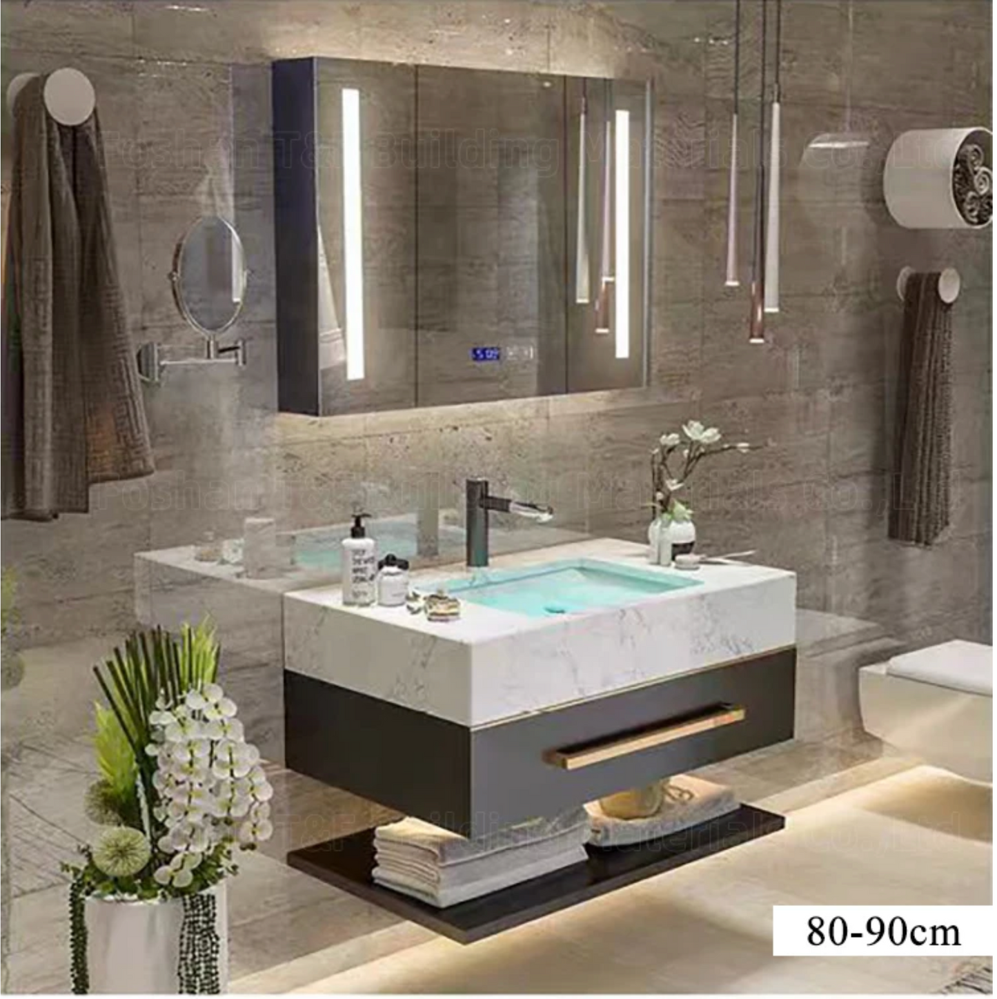 Modern Luxury Double Sink Bathroom Vanity with Smart LED Mirror & Sintered Stone Top – Wall-Mounted