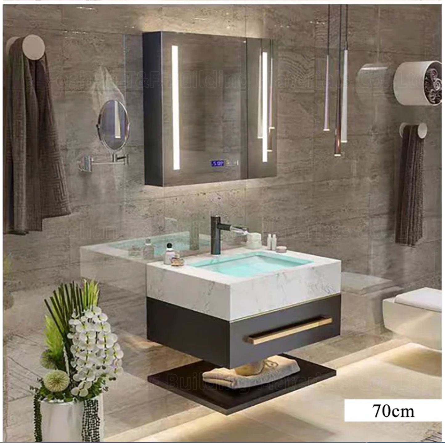 Modern Luxury Double Sink Bathroom Vanity with Smart LED Mirror & Sintered Stone Top – Wall-Mounted