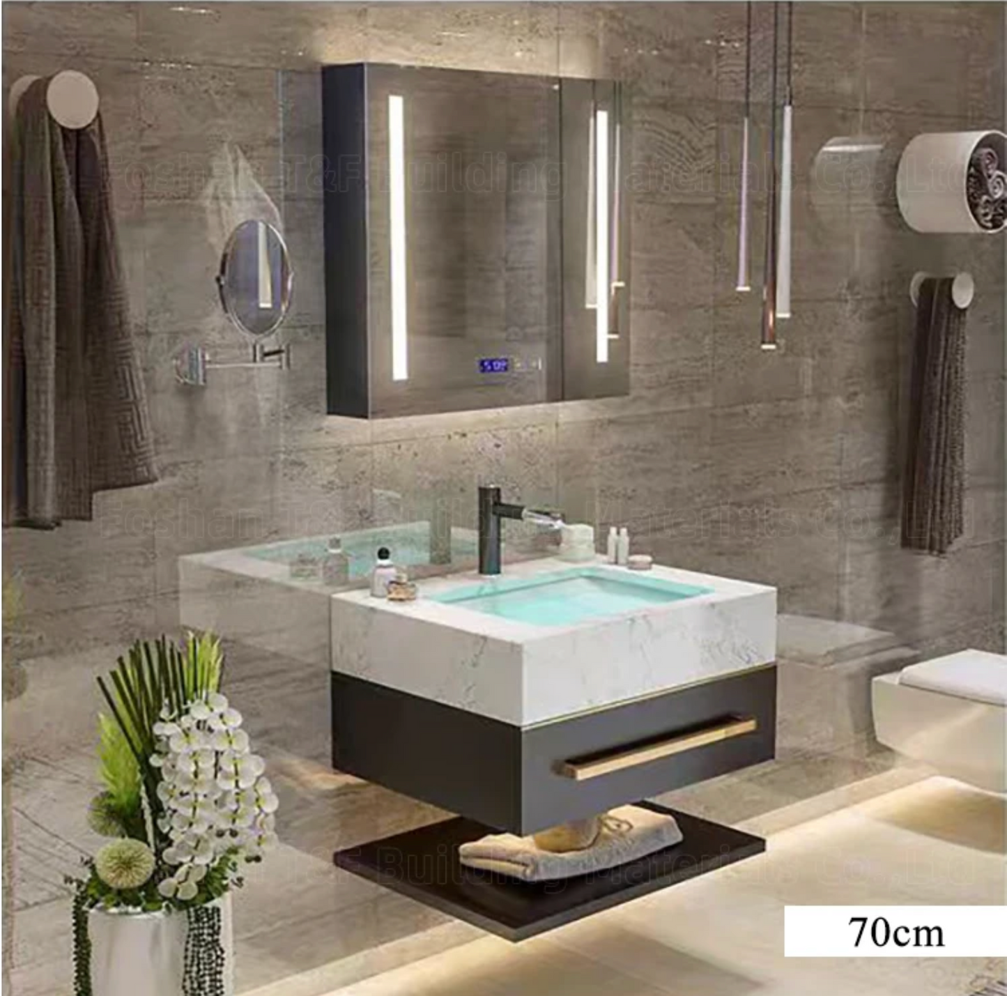 Modern Luxury Double Sink Bathroom Vanity with Smart LED Mirror & Sintered Stone Top – Wall-Mounted