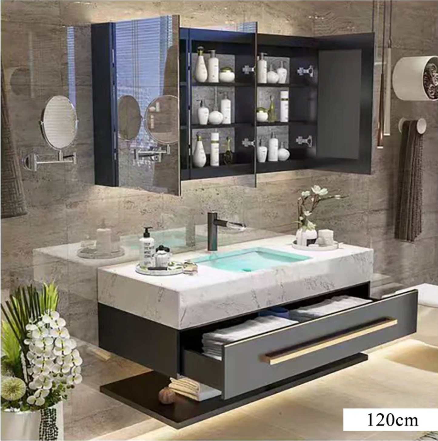 Modern Luxury Double Sink Bathroom Vanity with Smart LED Mirror & Sintered Stone Top – Wall-Mounted