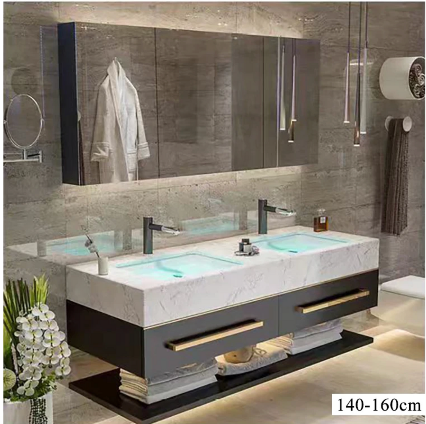 Modern Luxury Double Sink Bathroom Vanity with Smart LED Mirror & Sintered Stone Top – Wall-Mounted