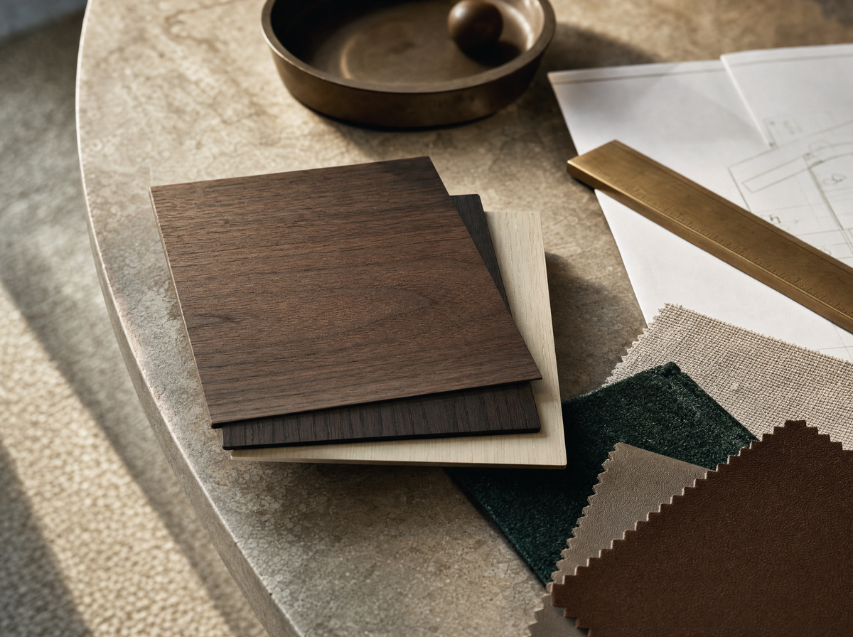 Woodgrain and fabric finishes laid out beside a design drawing